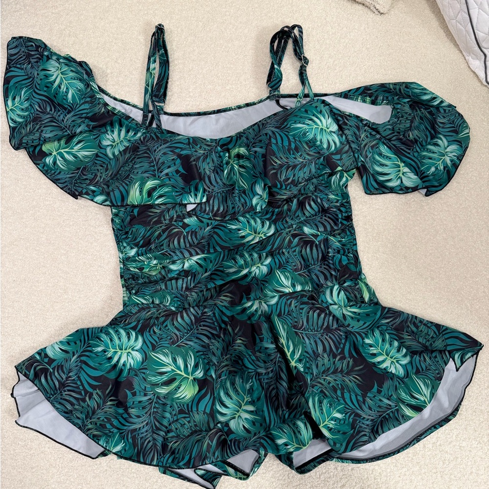 Tropical Leaf Print Off-Shoulder Romper XL
